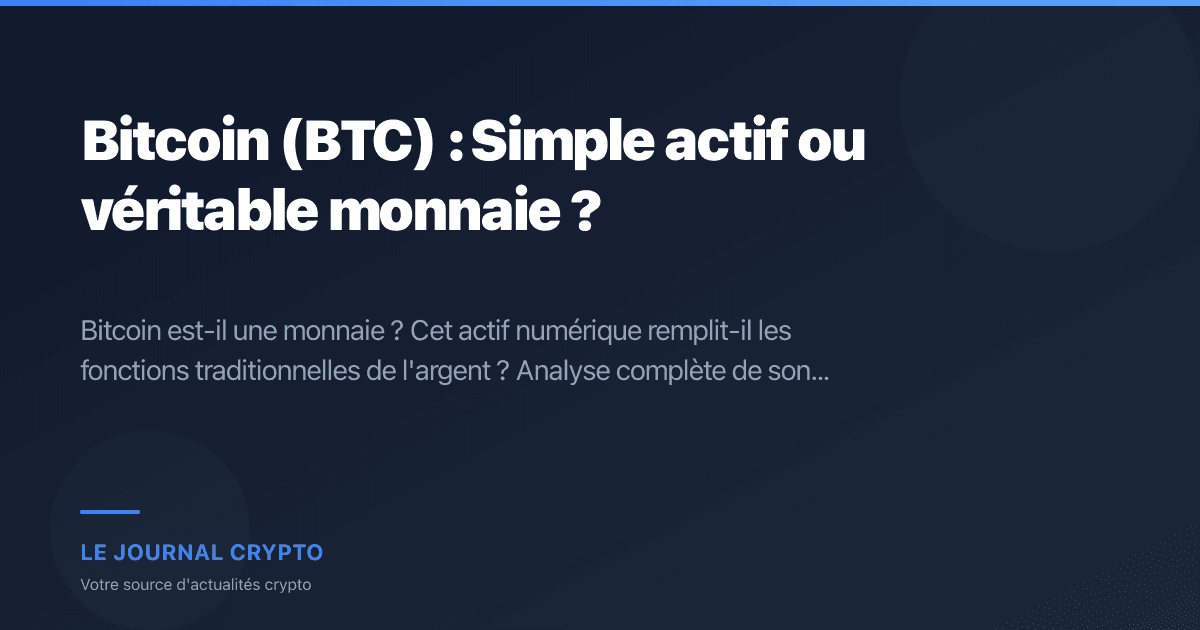 Image pour l'article Bitcoin (BTC) : Simple actif ou véritable monnaie ?