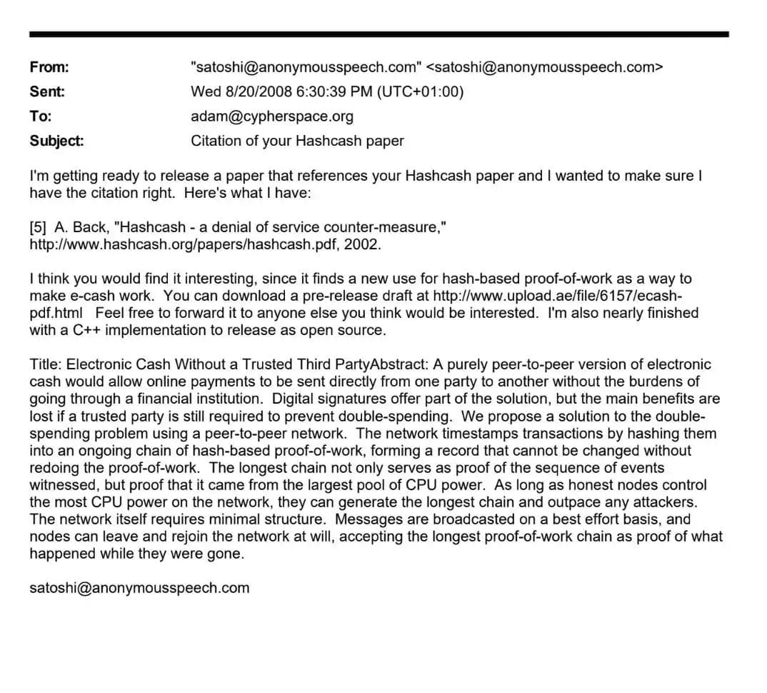 Image pour l'article L'E-mail de Satoshi à Adam Back : Il y a 17 ans, l'Acte de Naissance de Bitcoin